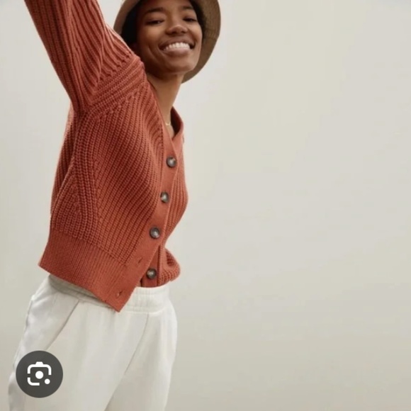 Everlane Texture Cotton Crop Cardigan L Cider Orange Chunky Ribbed Boxy Minimal - Picture 13 of 13